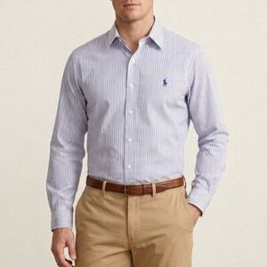 Polo Ralph Lauren Men's White Blue Stripe Classic Button Up Shirt Size 17 36-37